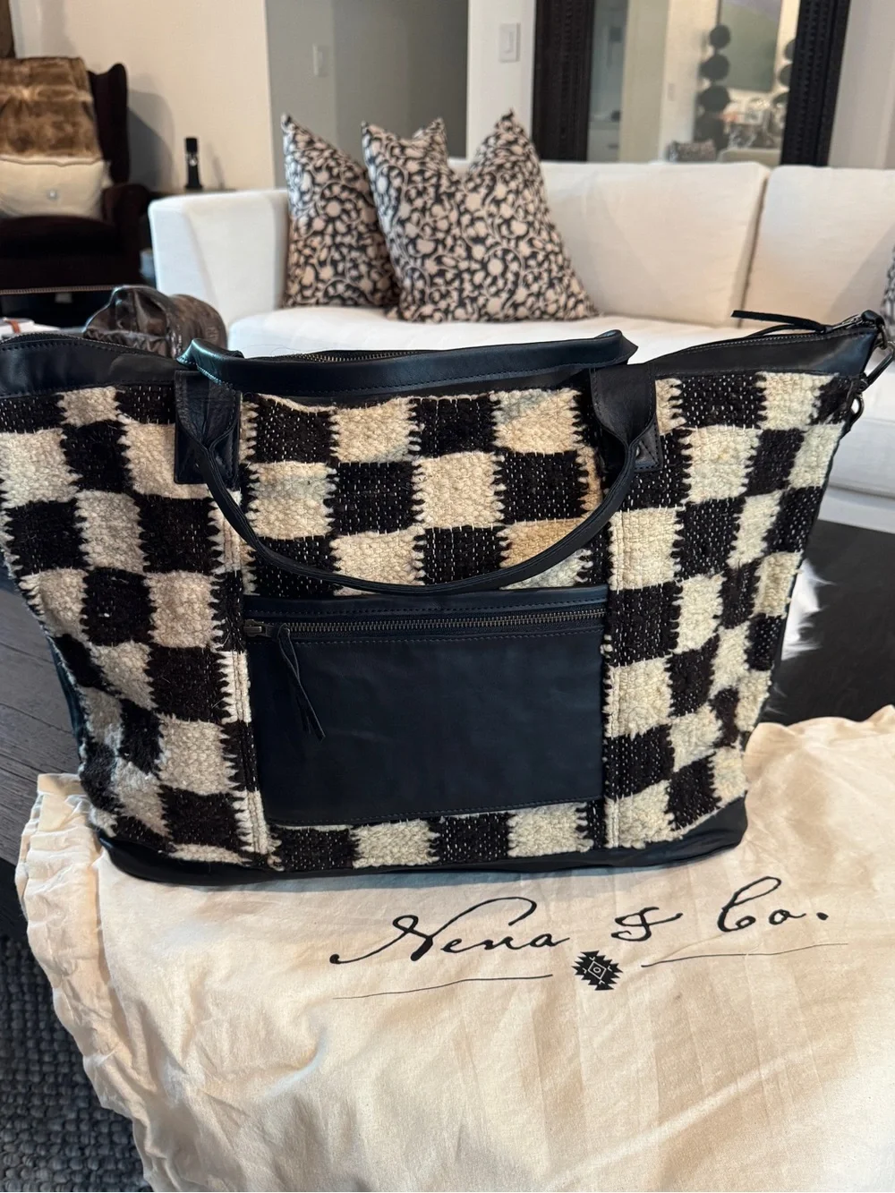 Nena & Co Brown and Cream Checkered Overnight Bag with Black Leather Trim - New! - Picture 1 of 17